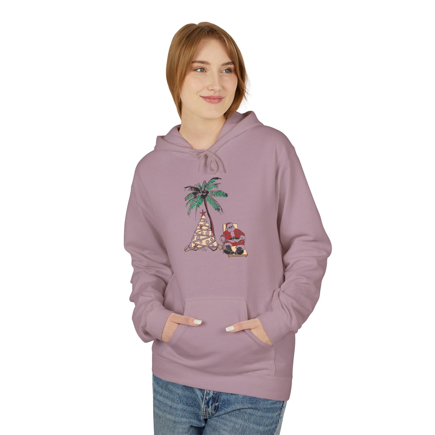 Unisex Tropical Santa Palm Tree Hoodie - Midweight Softstyle Fleece