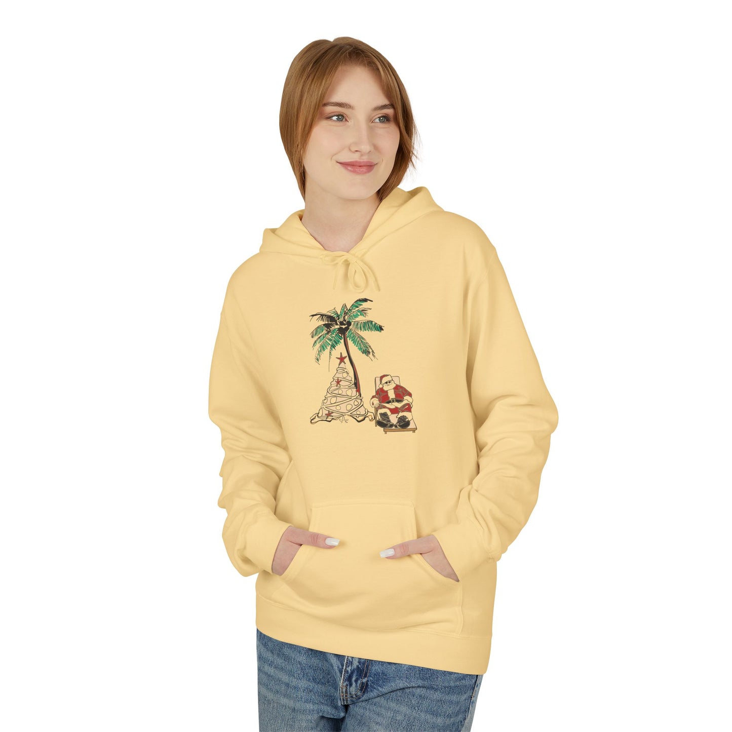 Unisex Tropical Santa Palm Tree Hoodie - Midweight Softstyle Fleece